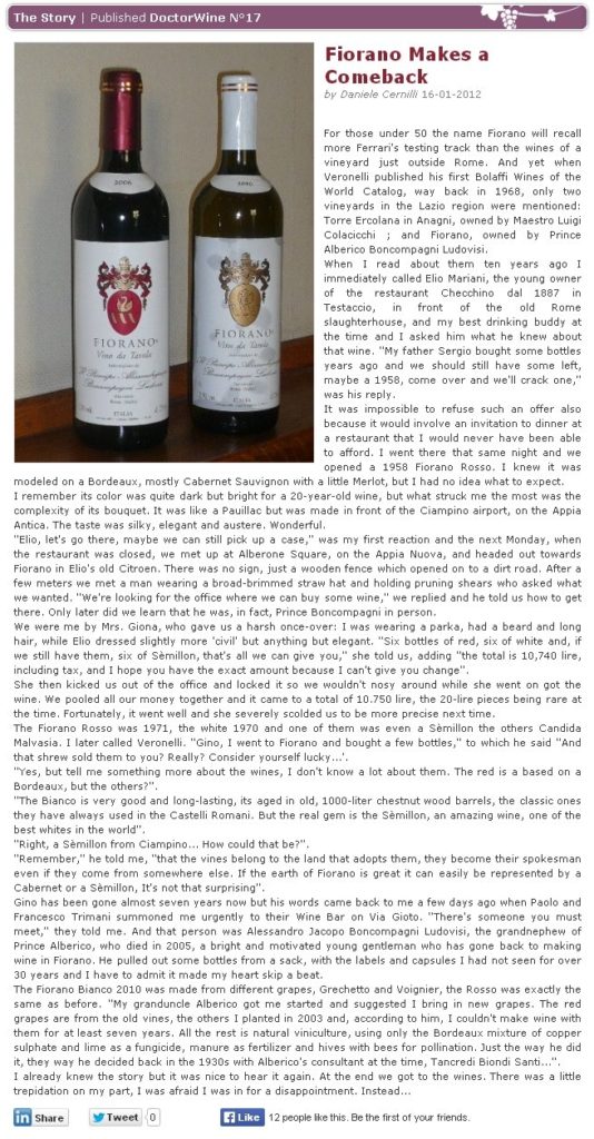 Fiorano Estate Press Review - Fiorano Makes a Comeback DOCTOR WINE (January 2012)