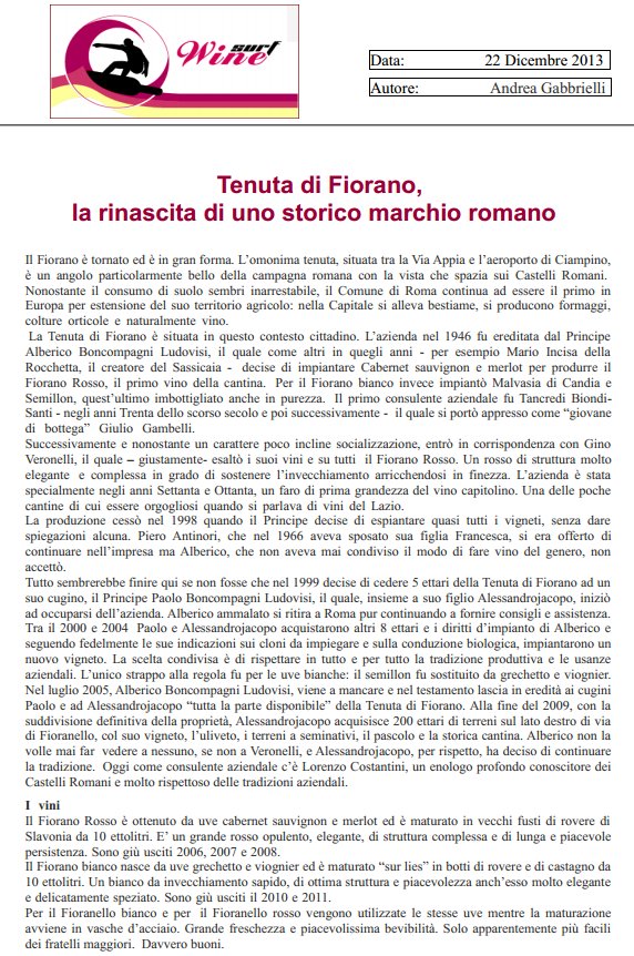 Tenuta di Fiorano, rassegna stampa 2012 - Wine Surf