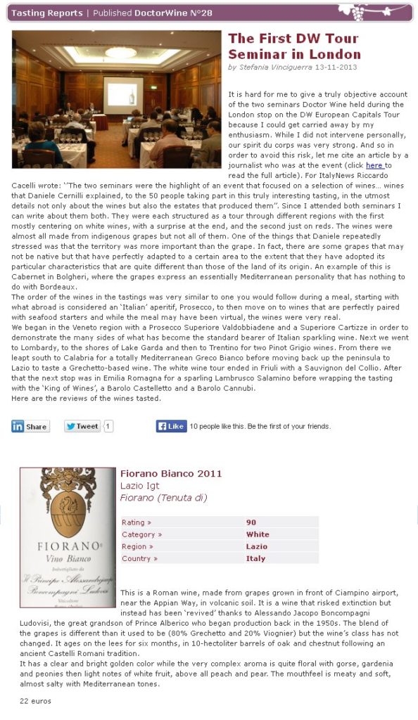 Fiorano Estate Press Review - The First DW Tour Seminar in London DOCTOR WINE (November 2013)