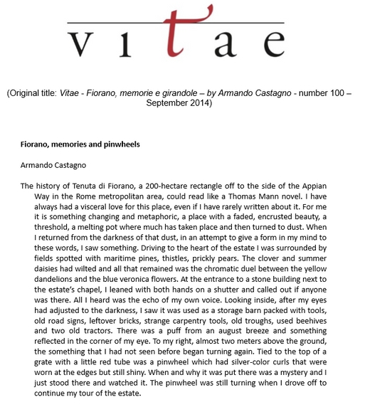 Fiorano Estate Press Review - Fiorano, memories and pinwheels - by Armando Castagno VITAE (September 2014)
